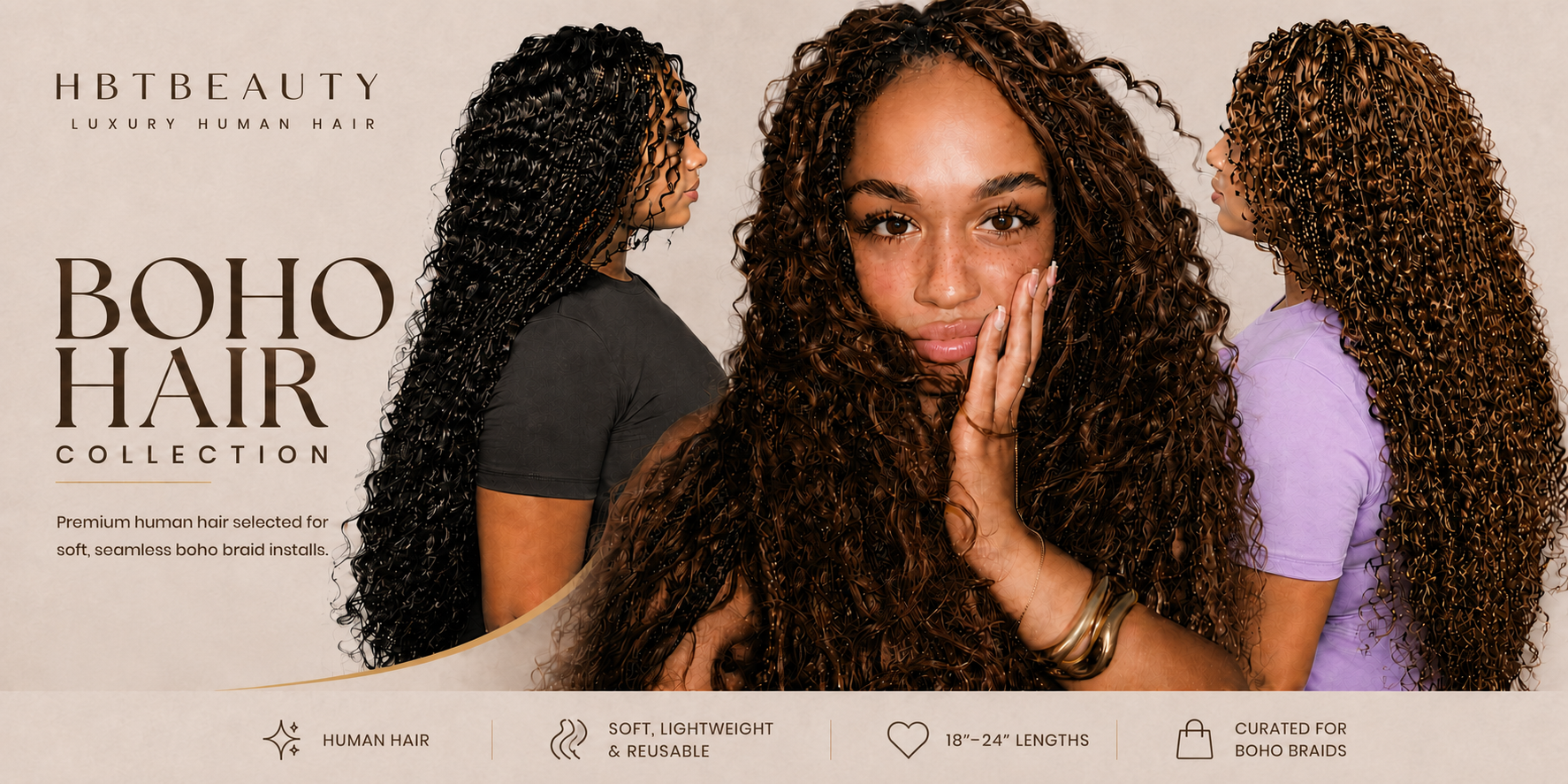 HBTBEAUTY Boho Hair Collection featuring three finished hair looks